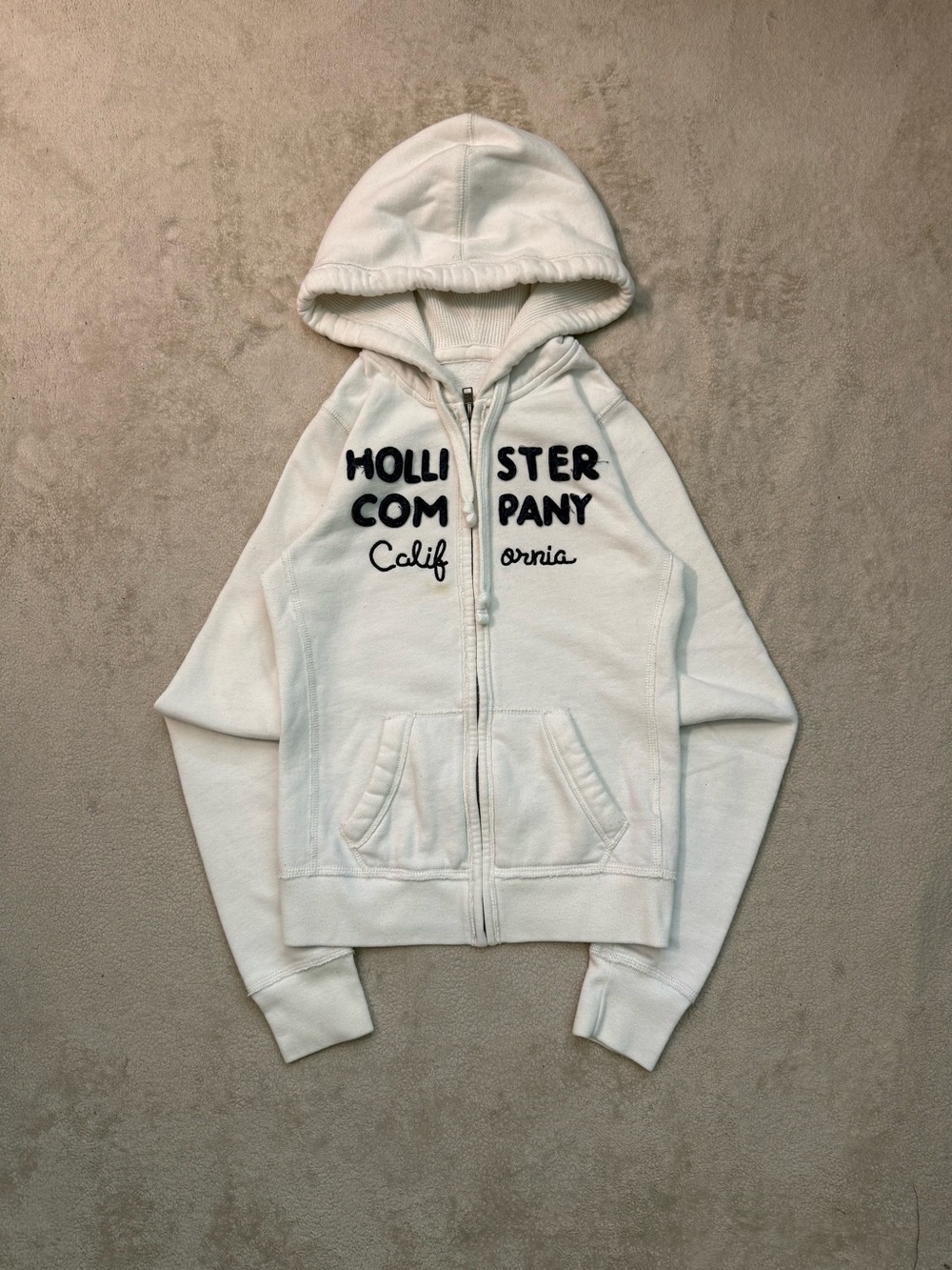 Hollister White Full-Zip Hoodie with Navy Logo